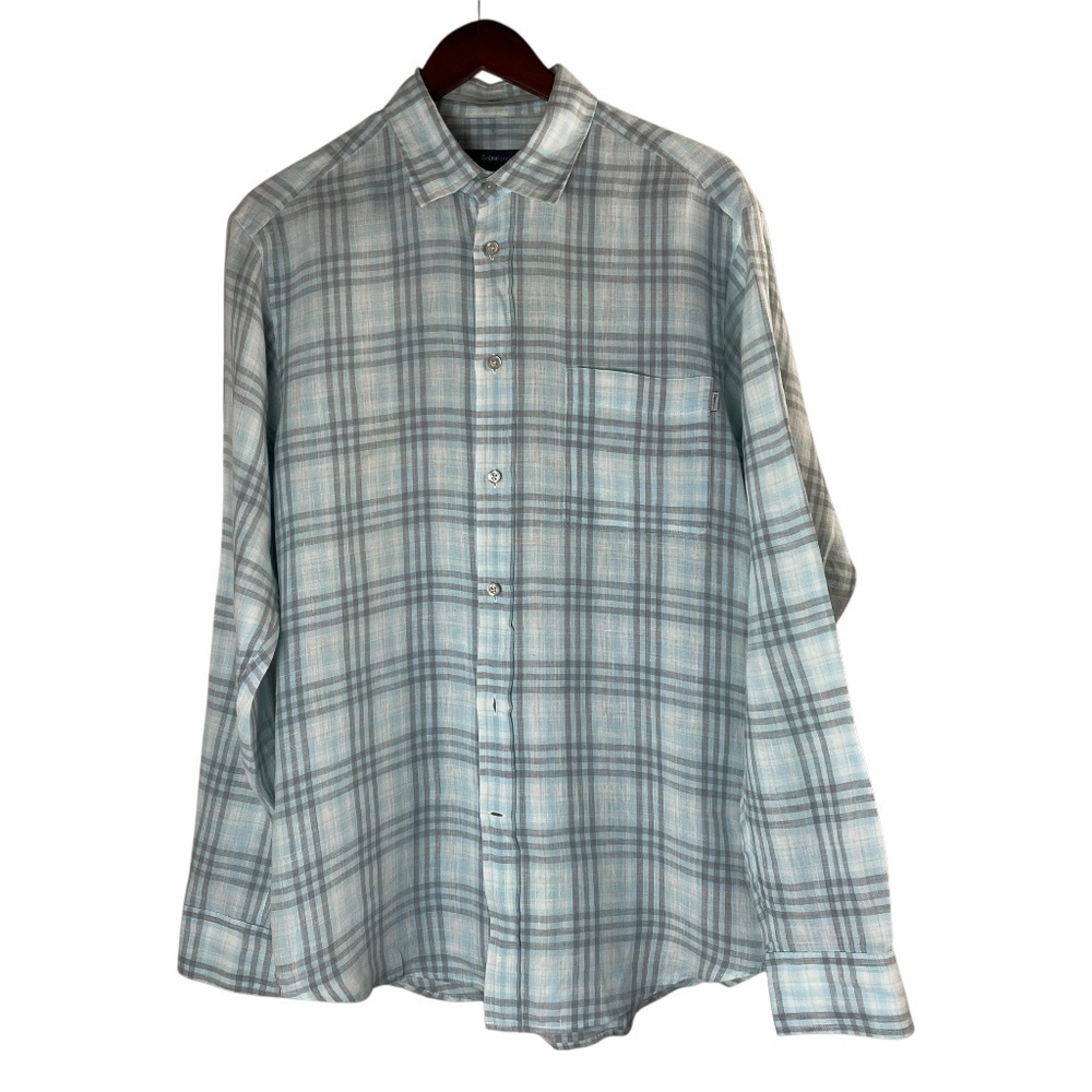 Zegna Sport Linen Button Front Shirt Men’s Medium Blue Plaid Size M